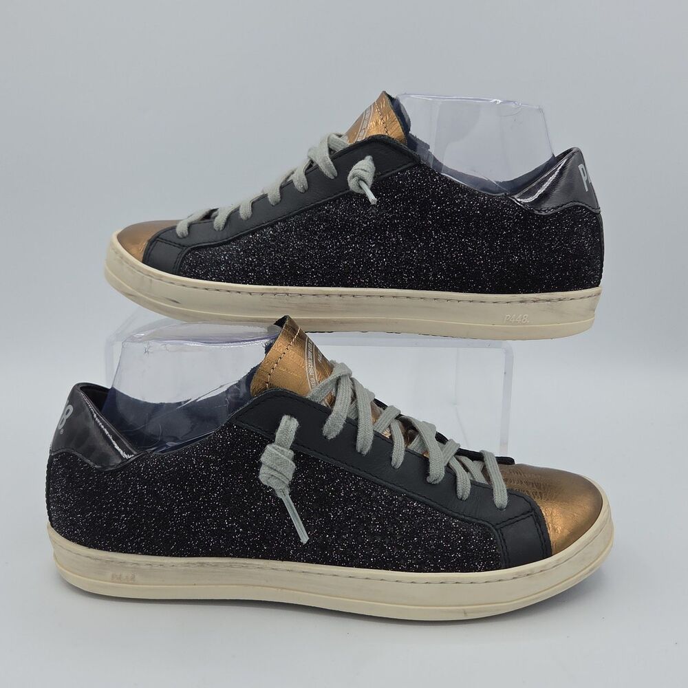 P448 John Black Glitter Gold Toe Leopard Sneaker Shoes Womens Size 38 US 7.5 - 8